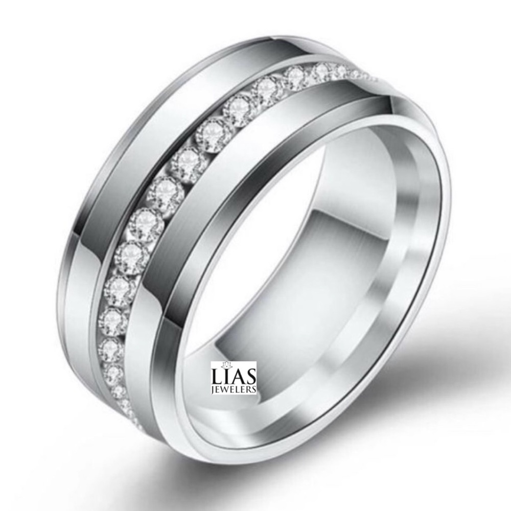 Men's Silver Stainless Steel Ring with Clear Stones
